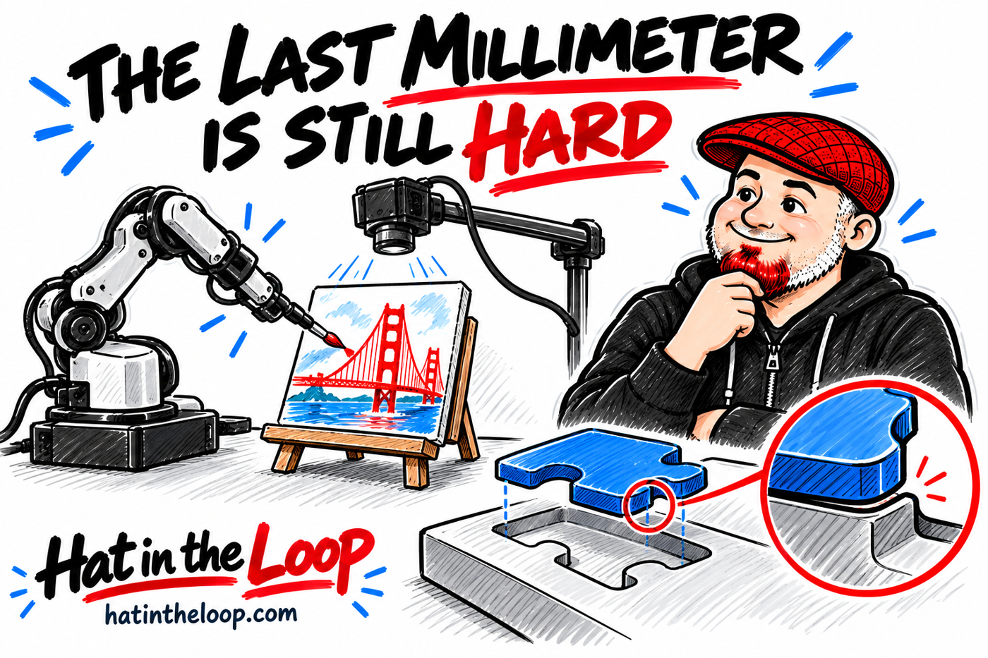 Whiteboard illustration of a robot painting the Golden Gate Bridge as Aaron Murray, the Guy in the Hat, watches. A magnified puzzle-piece gap illustrates the remaining challenge of precision.