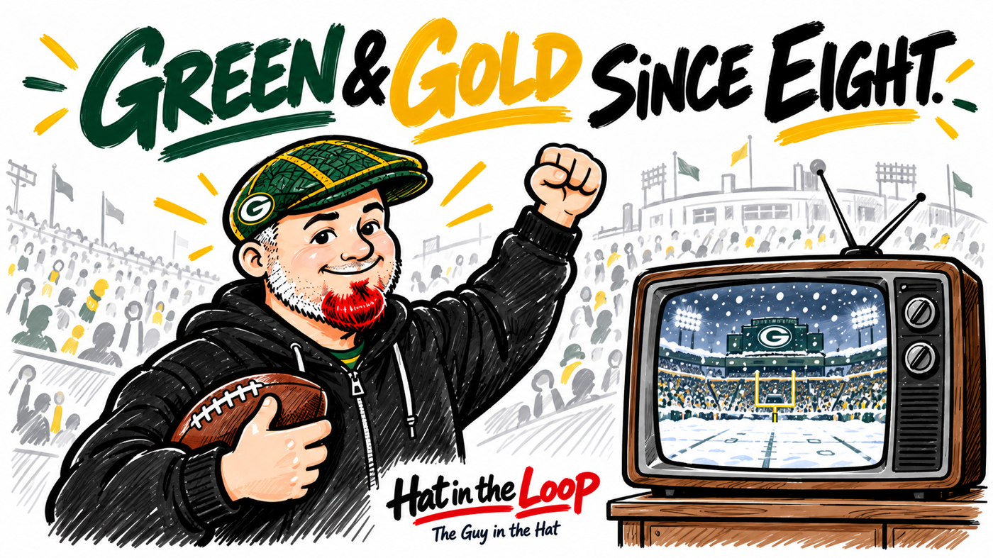 Whiteboard illustration of Aaron Murray, the Guy in the Hat, cheering in a Packers green-and-gold flat cap with his red goatee, holding a football beside a vintage television showing snowy Lambeau Field. Headline: Green & Gold Since Eight.