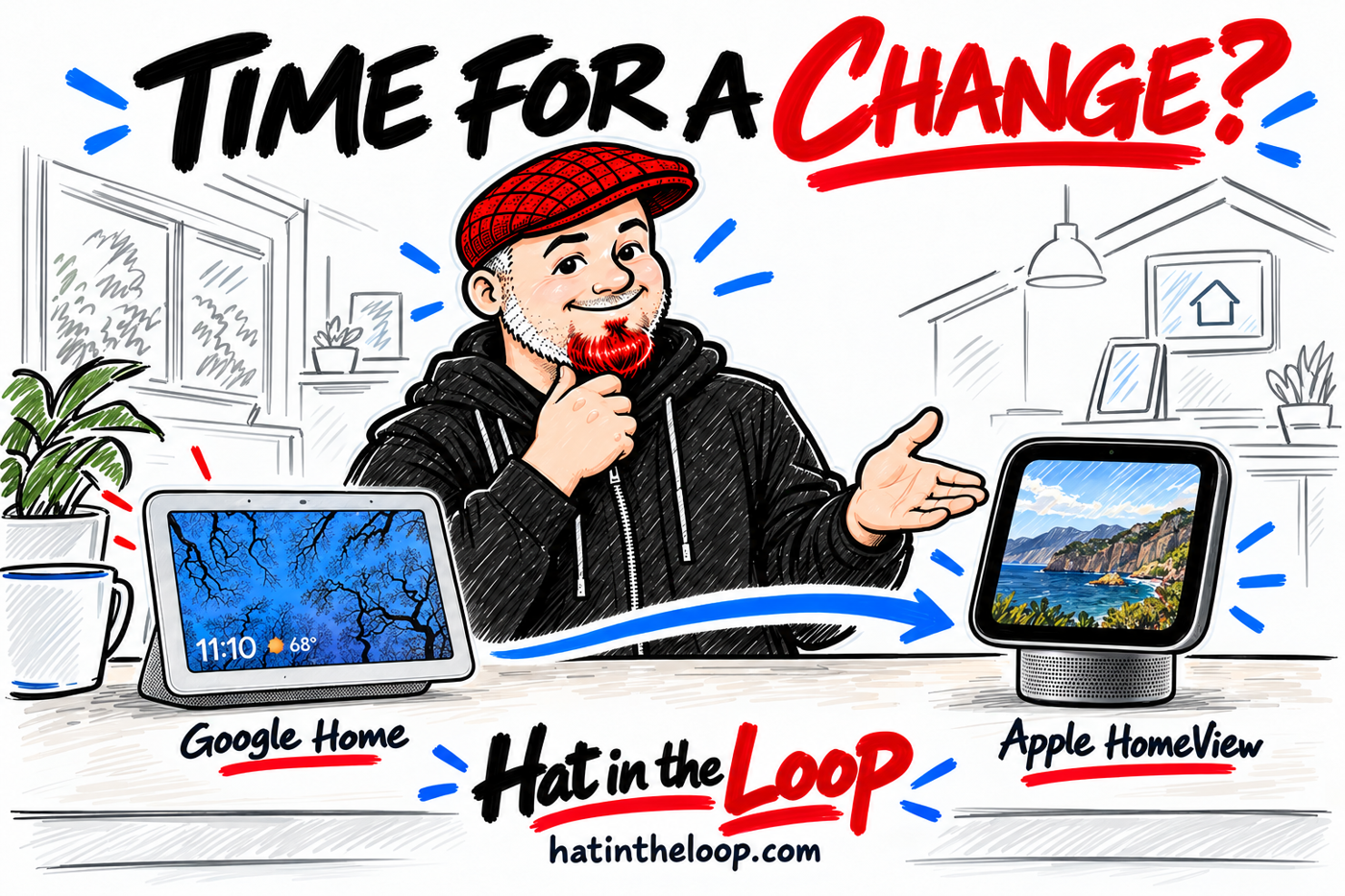 Whiteboard illustration of Aaron Murray, the Guy in the Hat, considering a change from Google Home to Apple HomeView. He wears his red flat cap and black hoodie, with a blue arrow between the two displays.