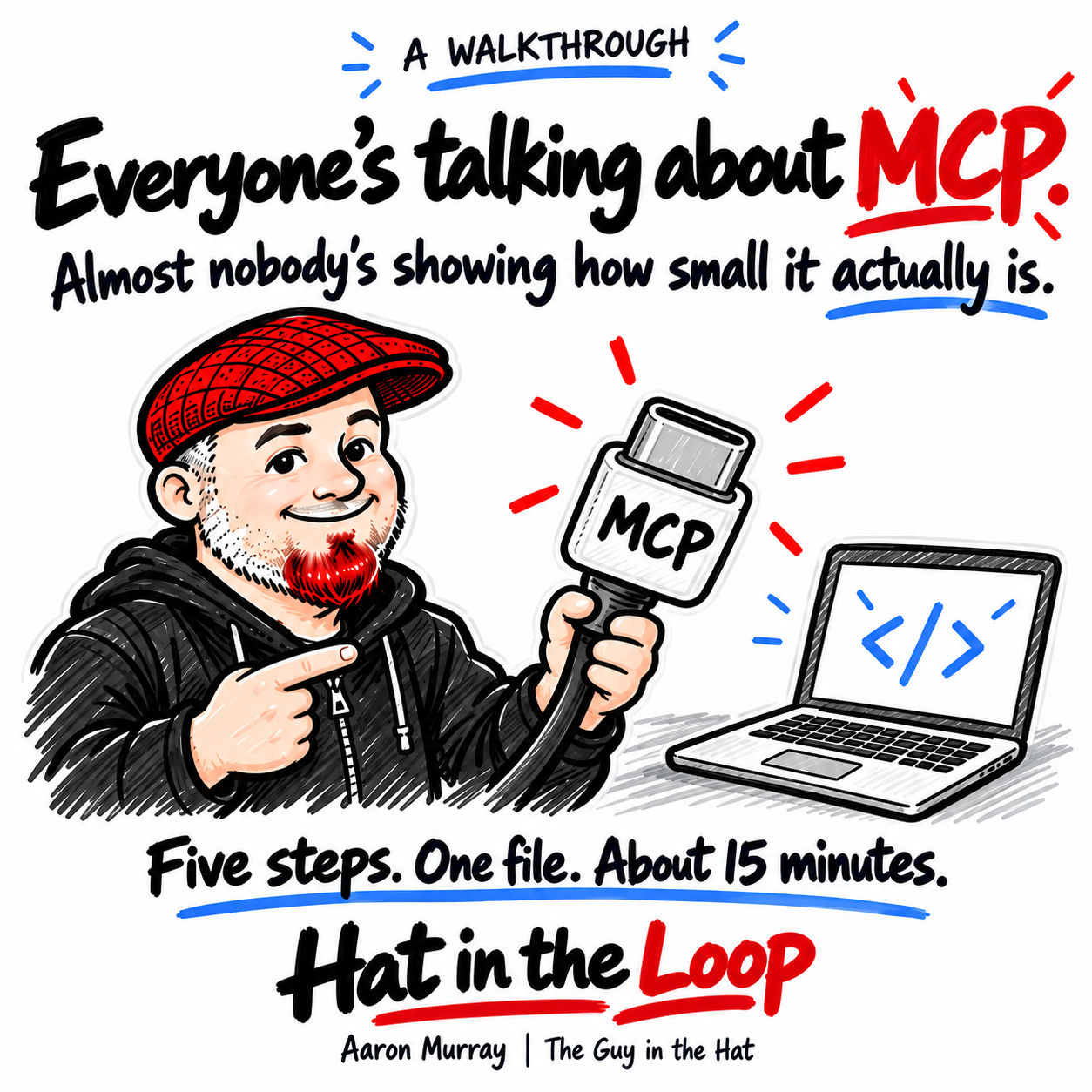 Aaron Murray, the Guy in the Hat, presents an MCP connector beside a laptop in the Hat in the Loop whiteboard style. Five steps, one file, about 15 minutes.