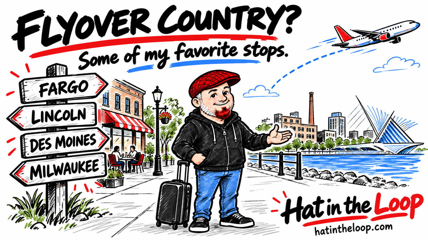 Whiteboard-style illustration of Aaron Murray, the Guy in the Hat, welcoming visitors beside signs for Fargo, Lincoln, Des Moines, and Milwaukee, with a suitcase, neighborhood restaurant, lakefront, and airplane overhead. Headline: Flyover country? Some of my favorite stops.