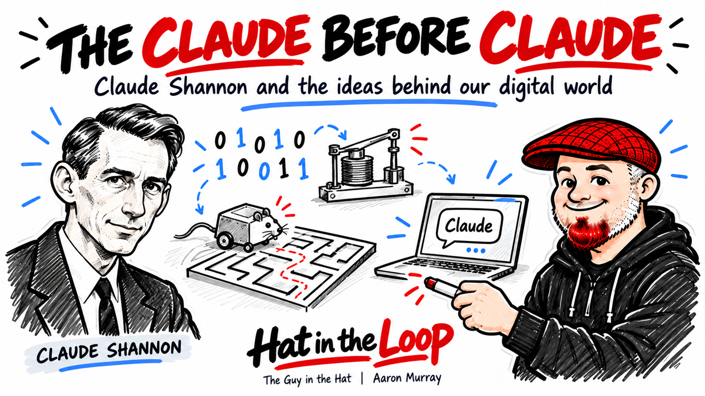 Whiteboard illustration titled The Claude Before Claude, showing Claude Shannon, binary digits, an electrical relay, a maze mouse, and Aaron Murray in his red flat cap beside a laptop displaying Claude.