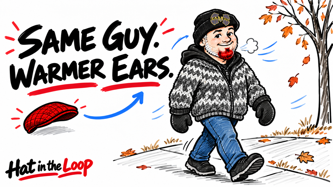 Whiteboard-style cartoon of Aaron Murray walking on a chilly Wisconsin morning in a black knit cap, layered hoodies, and mittens beside the words “Same guy. Warmer ears.”