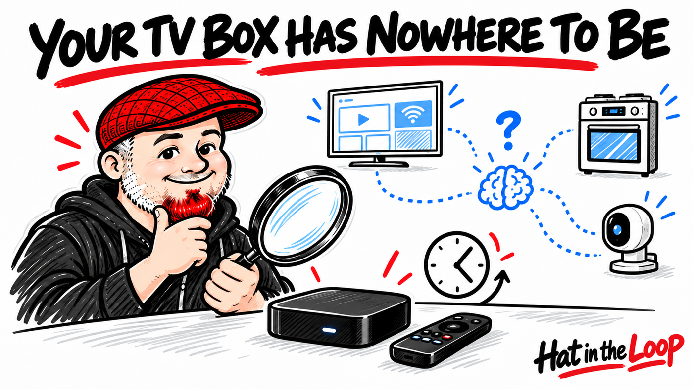 Whiteboard-style Hat in the Loop cartoon of Aaron in a red flat cap and black hoodie inspecting a TV streaming box with a magnifying glass, alongside sketches of connected devices and a clock. Headline: Your TV Box Has Nowhere to Be.