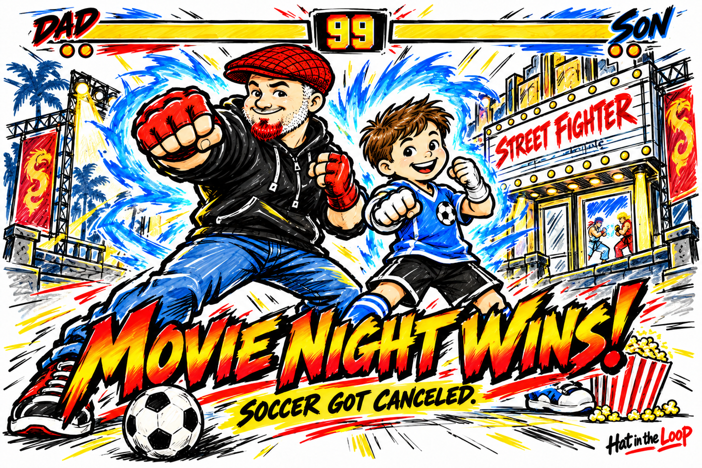 Street Fighter-inspired marker cartoon of the Guy in the Hat and his youngest son striking playful arcade fighter poses, with Dad and Son health bars, blue energy effects, and the caption Movie night wins! Soccer got canceled.