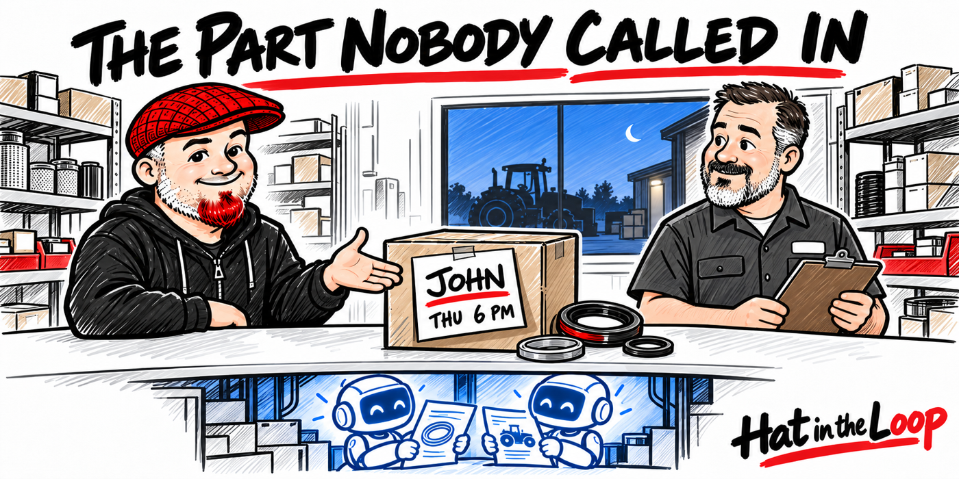 Whiteboard-style cartoon of Aaron in his red flat cap beside a dealer service manager and a seal kit reserved for John on Thursday at 6 PM. Two blue AI agents quietly prepare records beneath the counter, with a tractor outside at dusk.