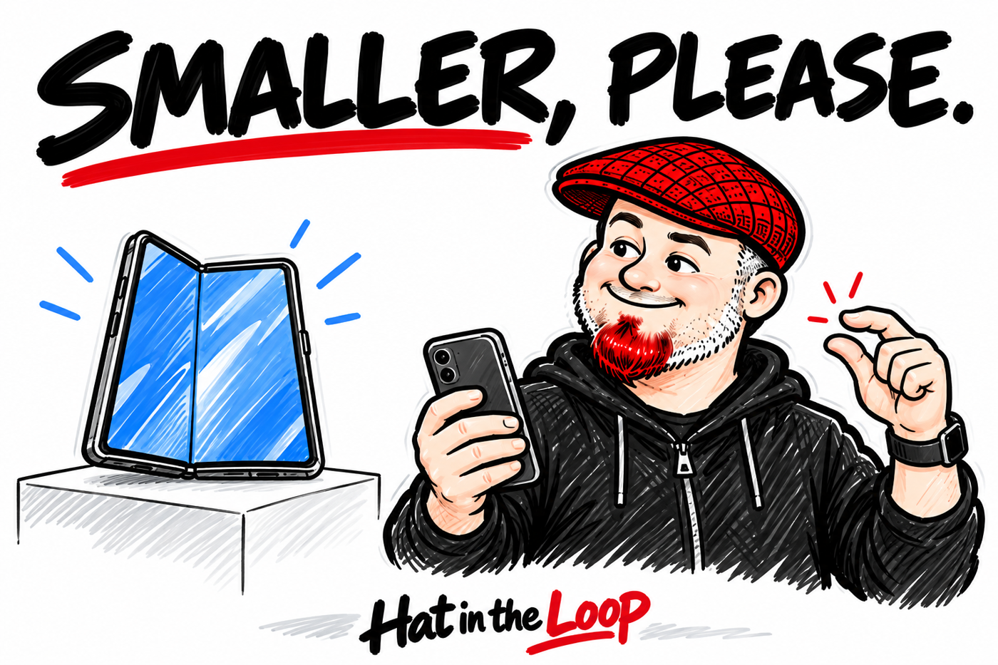 Hat in the Loop cartoon of Aaron in a red flat cap holding his current phone and gesturing for something smaller beside a book-style foldable phone. The headline reads Smaller, Please.