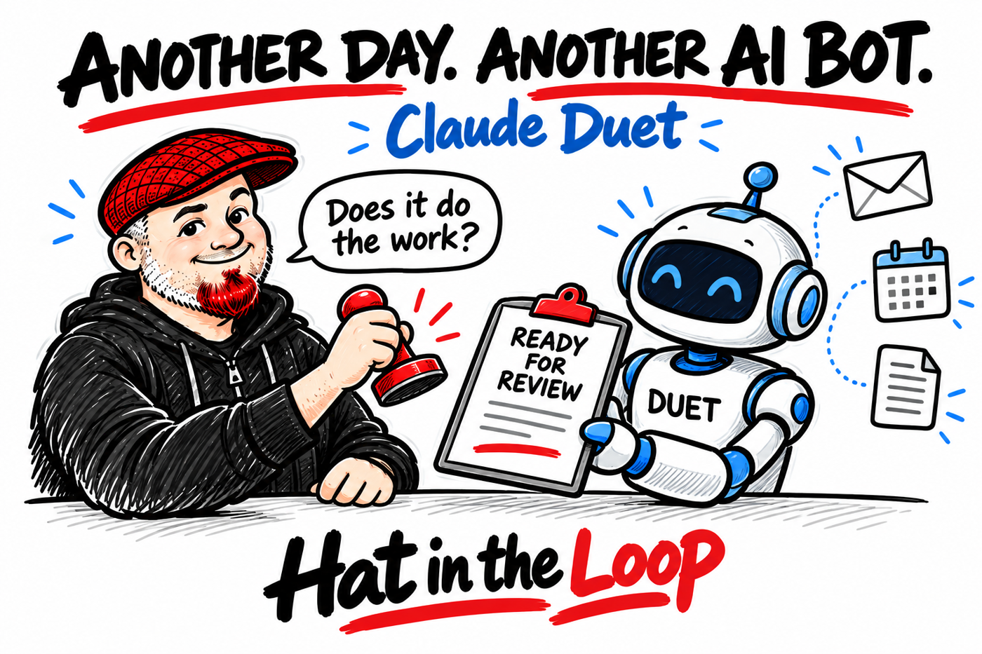 Whiteboard cartoon of Aaron Murray in his red flat cap holding an approval stamp while a blue robot labeled Duet presents work ready for review, with email, calendar, and document icons behind it.