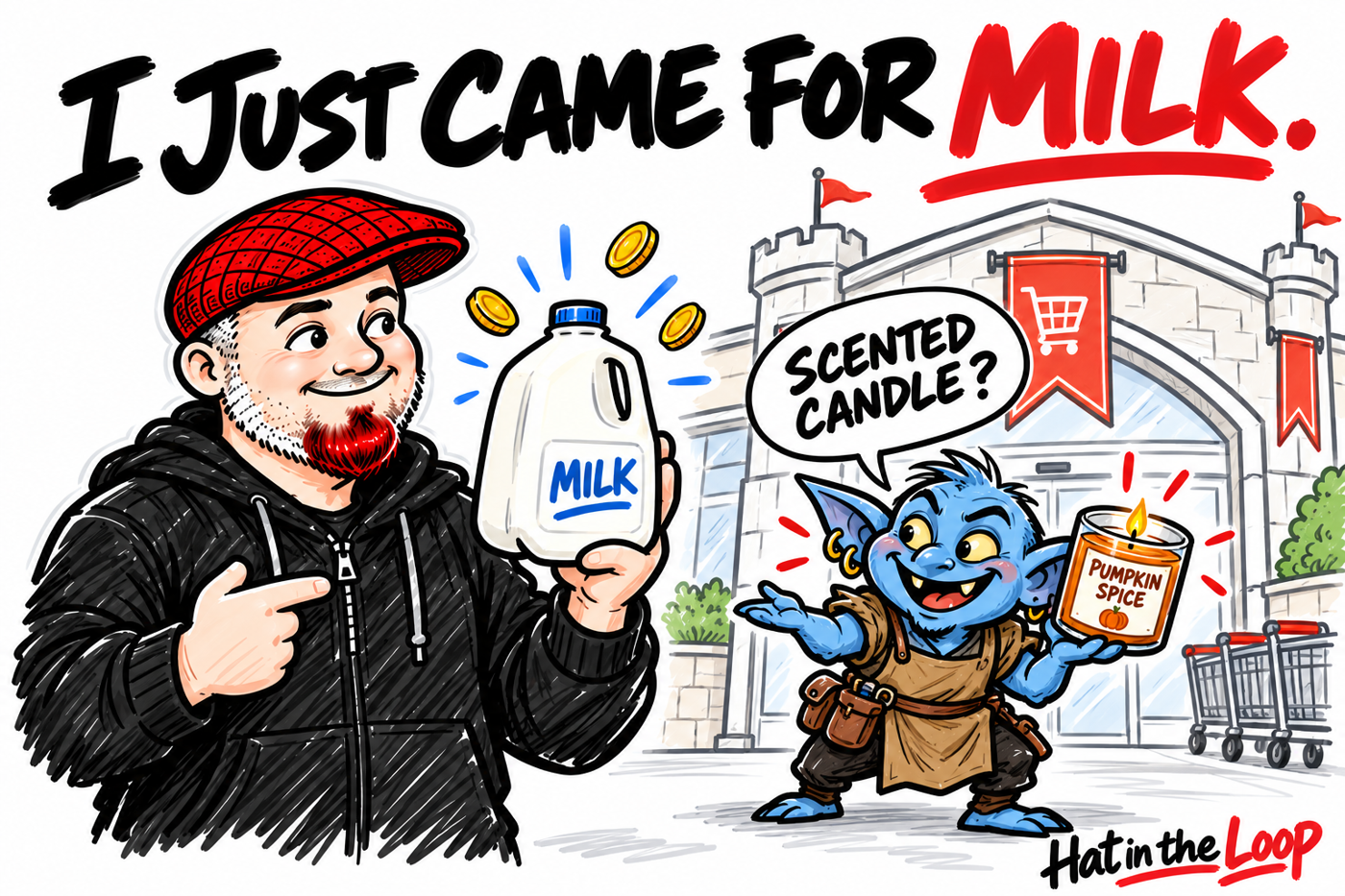 Whiteboard-style cartoon of Aaron in his red flat cap holding a milk jug as gold coins appear, while a blue goblin offers a pumpkin spice candle outside a grocery store drawn like a castle. The headline reads, I just came for milk.