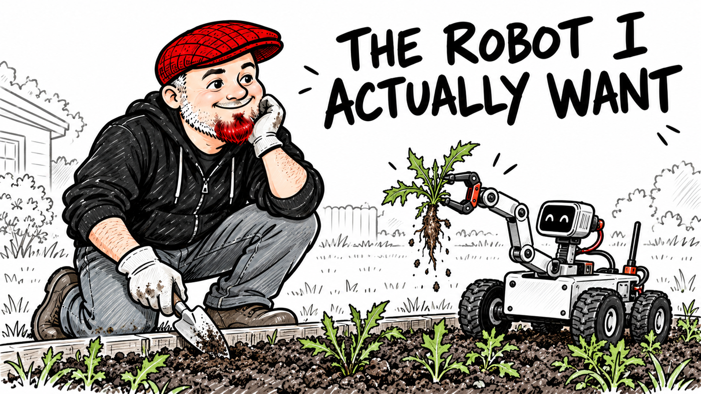 Whiteboard-style illustration of Aaron in his red flat cap, kneeling beside a small gardening robot that holds an uprooted weed. The headline reads: The Robot I Actually Want.