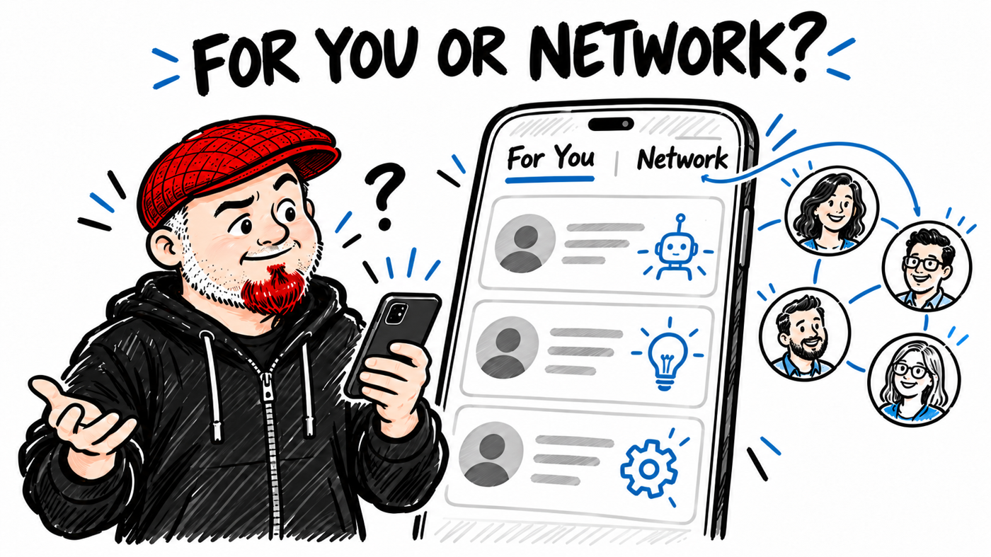 Whiteboard illustration of Aaron considering a phone feed with For You and Network tabs, alongside connected professional portraits. The headline reads, “For You or Network?”
