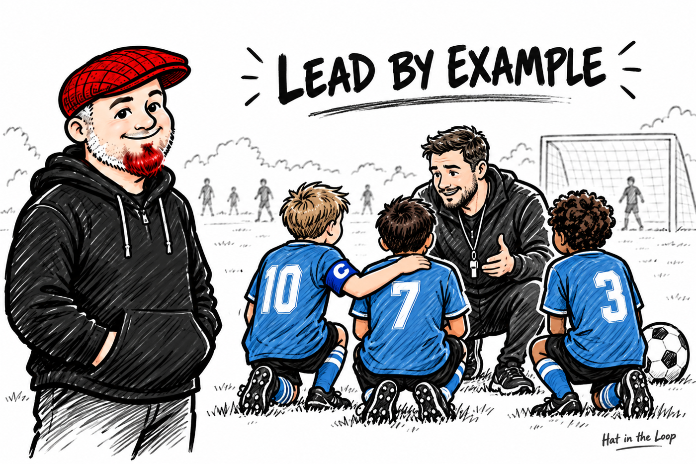 Whiteboard illustration of Aaron in his red flat cap watching a soccer coach encourage three young players, with a team captain supporting a teammate under the words Lead by Example.