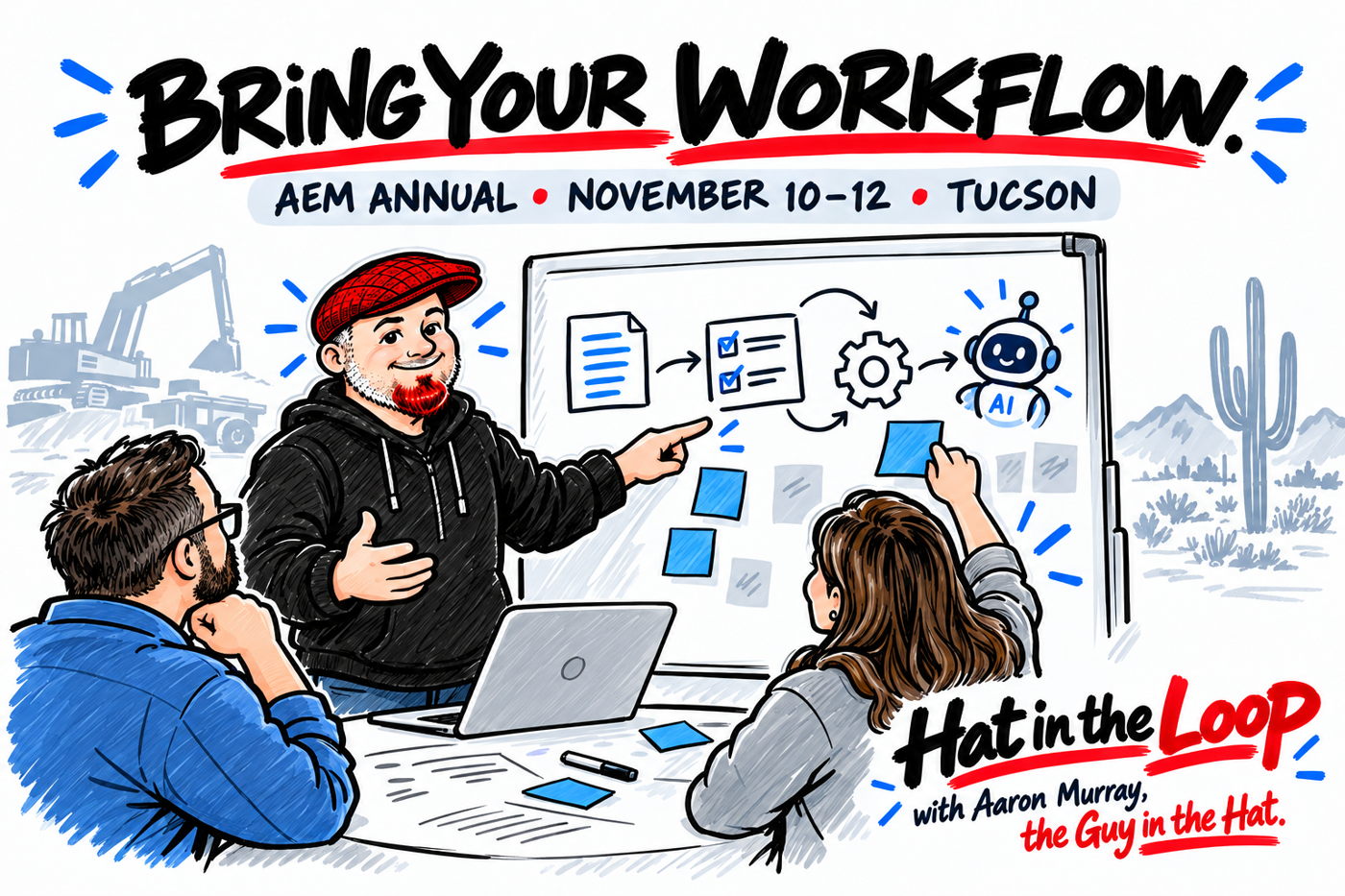 Aaron Murray, the Guy in the Hat, leads a collaborative whiteboard workshop on AI-assisted workflows. The illustration announces the AEM Annual, November 10–12 in Tucson.