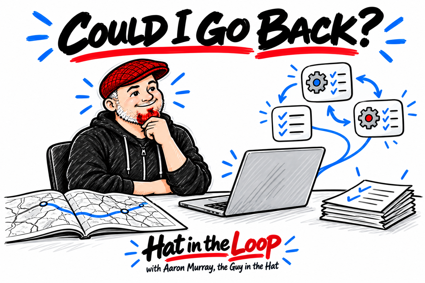 Whiteboard illustration of Aaron Murray, the Guy in the Hat, considering an open road atlas beside a laptop and interchangeable AI workflow icons under the question “Could I go back?”