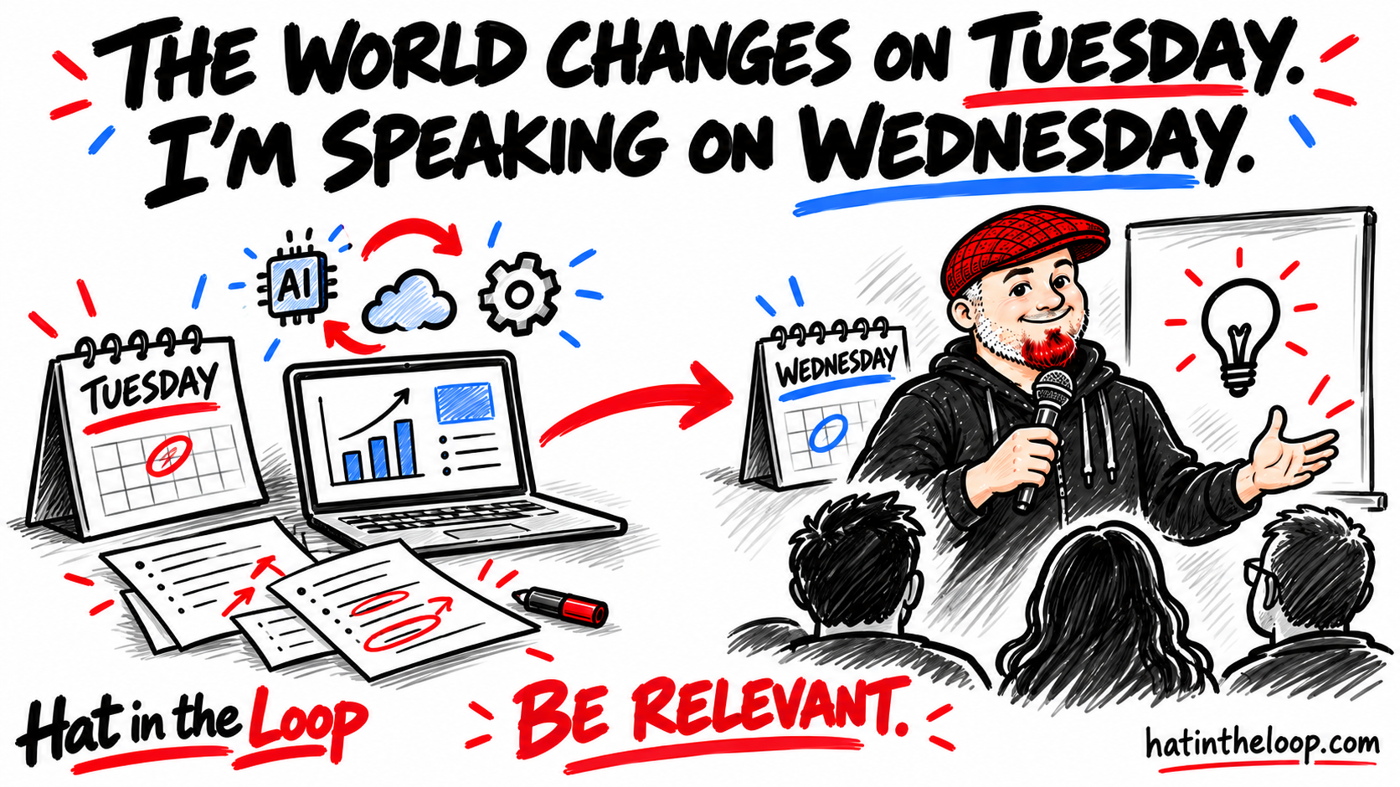 Whiteboard illustration of Tuesday’s changing technology and Aaron Murray, the Guy in the Hat, speaking to an audience on Wednesday. The headline reads: “The world changes on Tuesday. I’m speaking on Wednesday.”