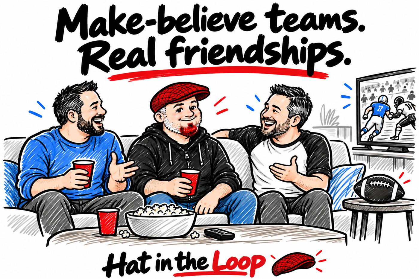 Whiteboard-style illustration of Aaron, the Guy in the Hat, in his red flat cap, talking with two friends while watching football. The headline reads “Make-believe teams. Real friendships.”