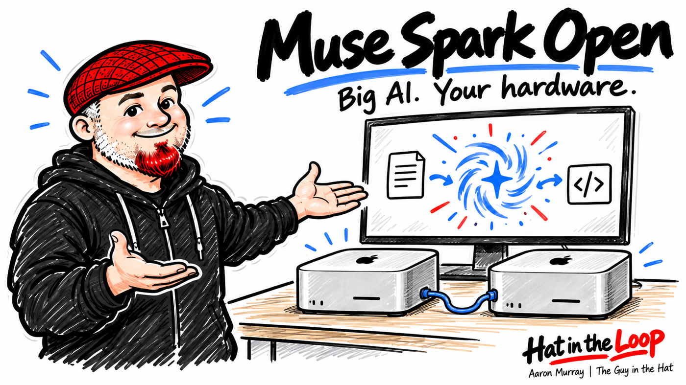 Whiteboard illustration of Aaron Murray, the Guy in the Hat, wearing his red flat cap and presenting two connected Mac Studio computers beneath the words Muse Spark Open: Big AI. Your hardware.