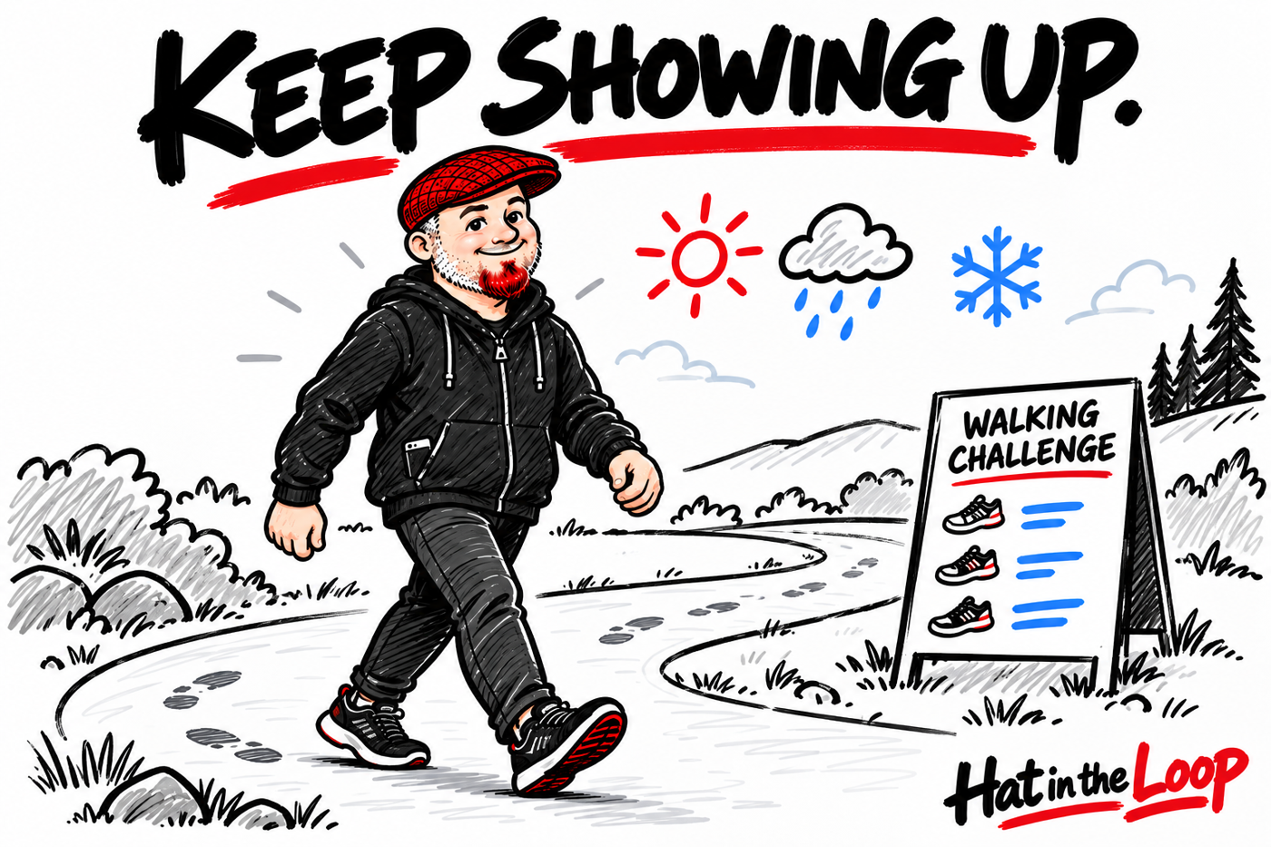 Whiteboard-style cartoon of Aaron Murray in a red flat cap walking with his phone tucked into his pocket, beside a walking-challenge board and sun, rain, and snow symbols. The headline reads Keep Showing Up.