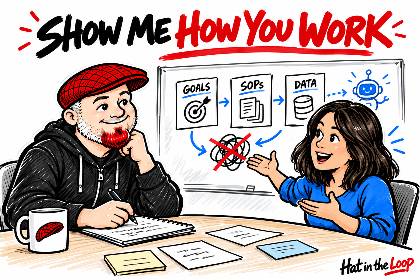 Hat in the Loop cartoon of Aaron in his red flat cap listening to a customer explain her workflow, with goals, SOPs, data and a crossed-out tangle on the whiteboard.