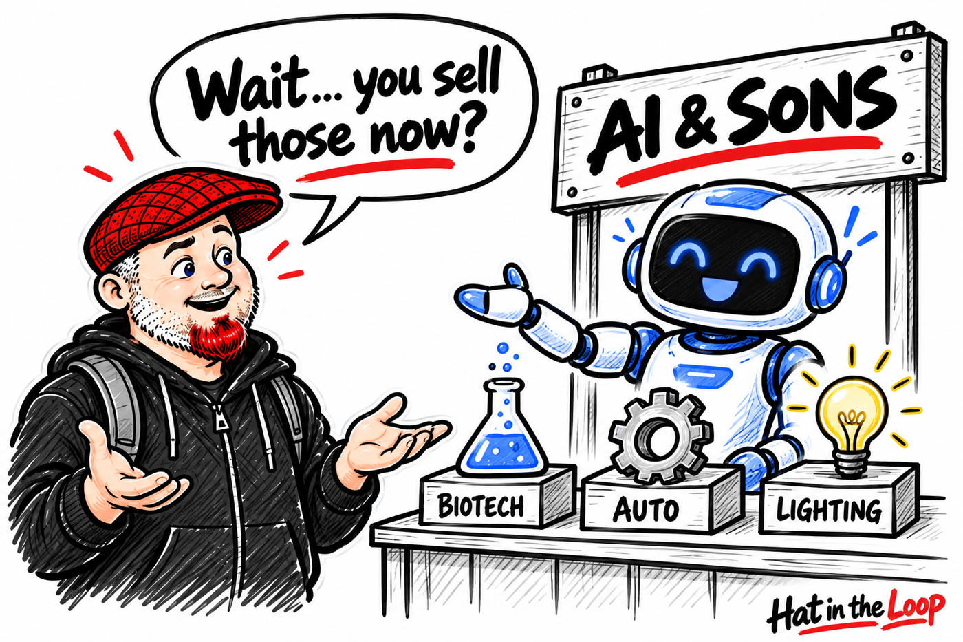 Hat in the Loop cartoon: Aaron in his red flat cap asks, “Wait... you sell those now?” as a blue AI robot runs an AI & Sons shop displaying biotech, automotive, and lighting products.