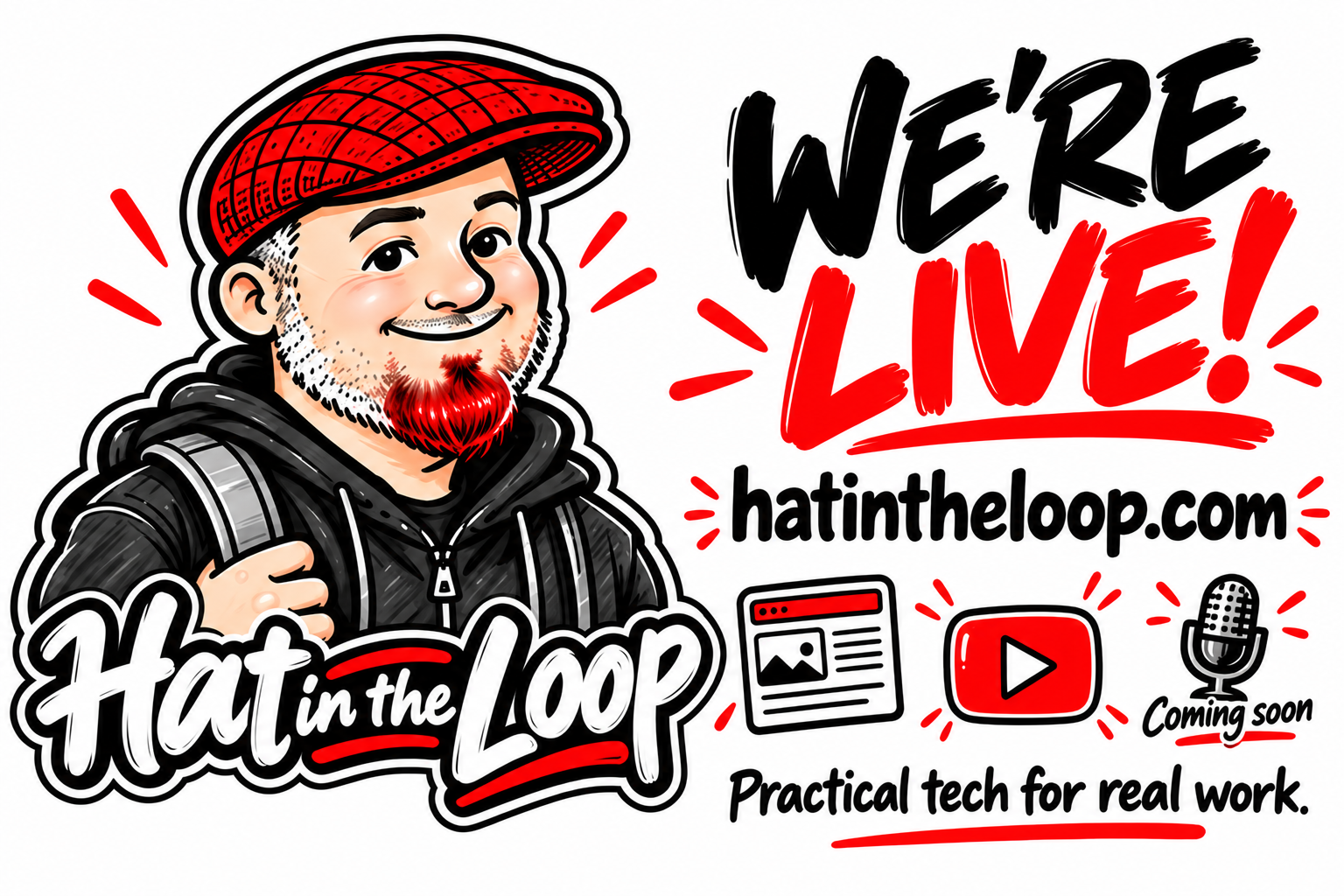 Hat in the Loop launch graphic using Aaron’s signature cartoon avatar, red flat cap, red goatee, and brush-script logo beside We’re Live and hatintheloop.com.