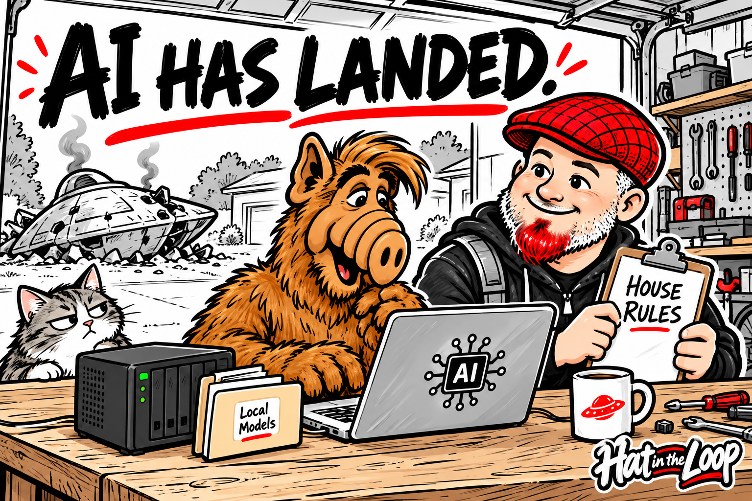 A Hat in the Loop whiteboard illustration of ALF and Aaron Murray working at a laptop in a garage, beside a local server and a house rules clipboard. A crashed spaceship and a suspicious cat complete the scene. The headline reads AI HAS LANDED.
