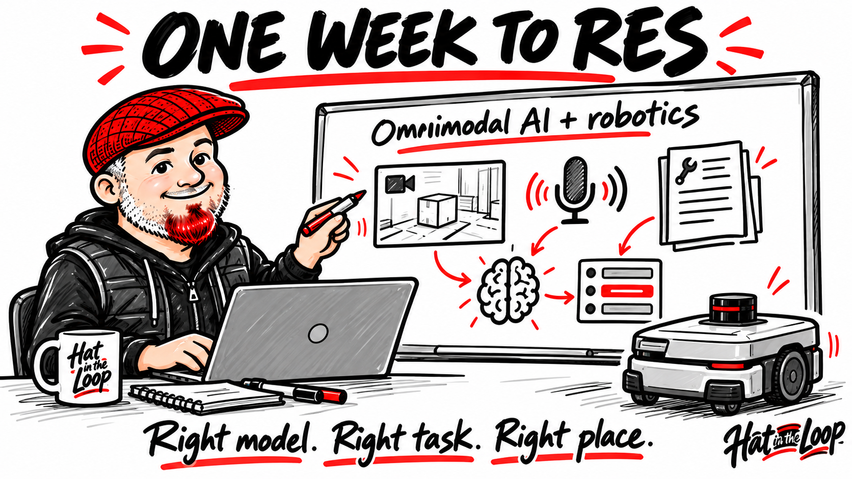 Whiteboard-style illustration of Aaron Murray in his red flat cap preparing for RES beside a mobile robot and sketches of video, audio, documents, and AI tools. Text reads: One week to RES. Omnimodal AI + robotics. Right model. Right task. Right place.