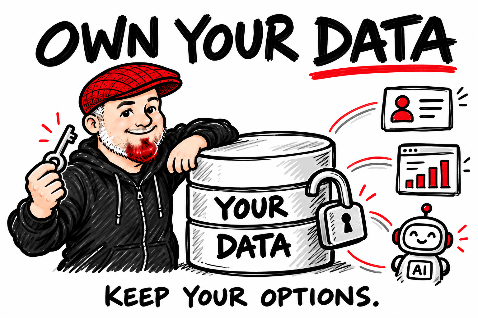 Whiteboard illustration of Aaron Murray in his red flat cap holding a key beside an unlocked database labeled Your Data, with CRM, reporting, and AI icons. Headline: Own Your Data. Keep Your Options.