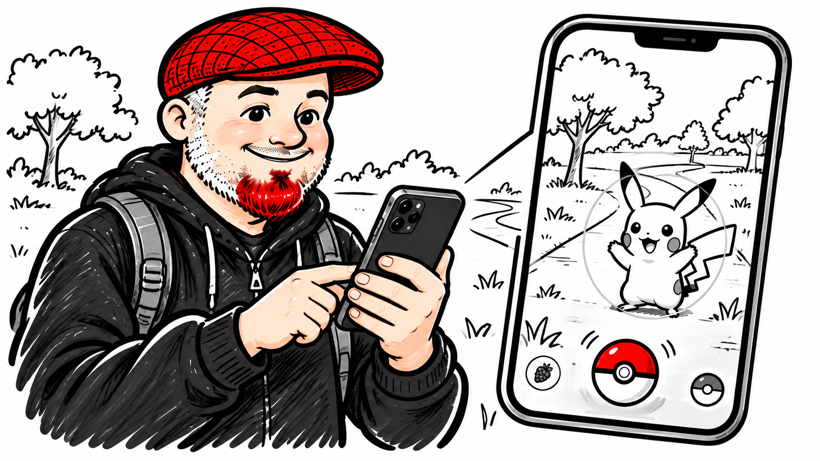 The Guy in the Hat, wearing his red flat cap and black hoodie with his distinctive red goatee, uses an iPhone to catch Pikachu in augmented reality. An enlarged phone view shows Pikachu on a park path with a catching circle and Poké Ball.