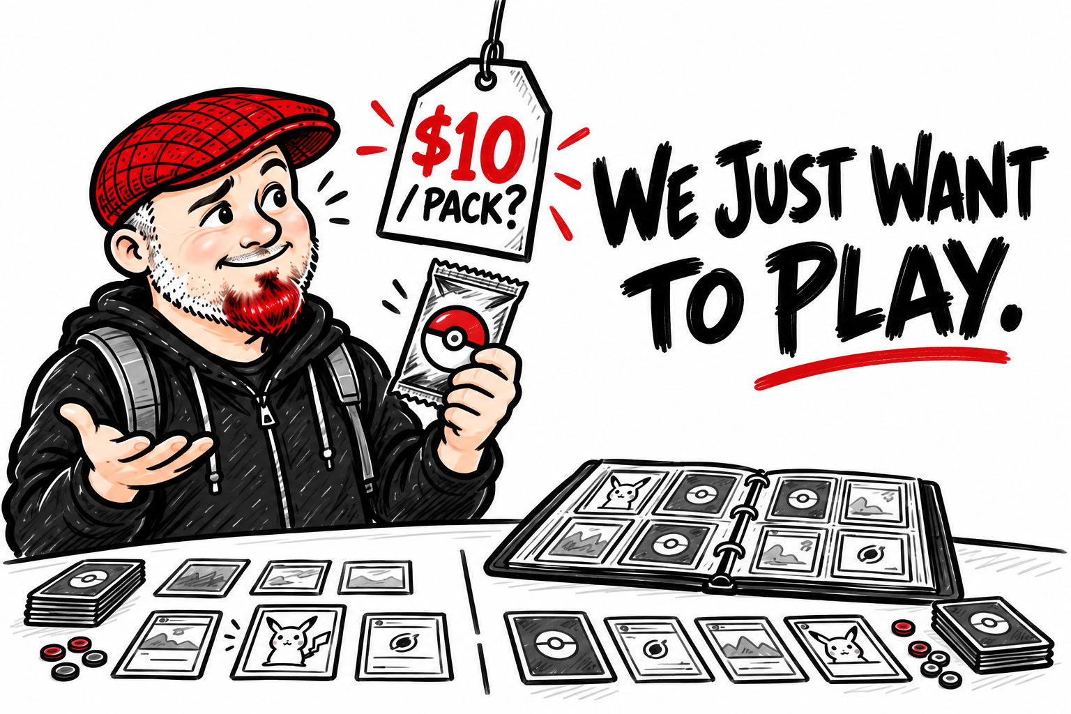 Whiteboard illustration of Aaron in his red flat cap holding a Pokémon card pack beneath a $10-per-pack price tag, beside cards laid out for a game and the words “We just want to play.”