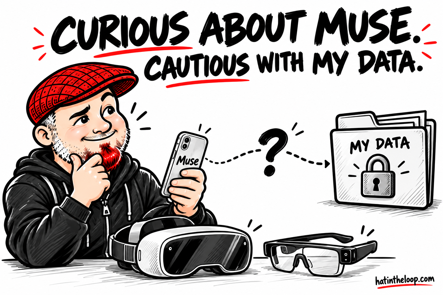 Aaron’s red flat-cap mascot considers Muse beside a VR headset and smart glasses. A question mark separates his phone from a locked folder labeled My Data. The headline reads: Curious about Muse. Cautious with my data.