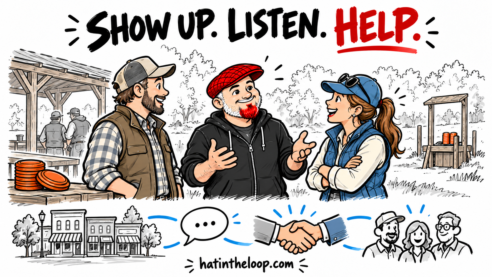 Whiteboard-style illustration of Aaron in his red flat cap talking with two business attendees at a sporting clays outing, above community and connection sketches. The headline reads: Show up. Listen. Help.