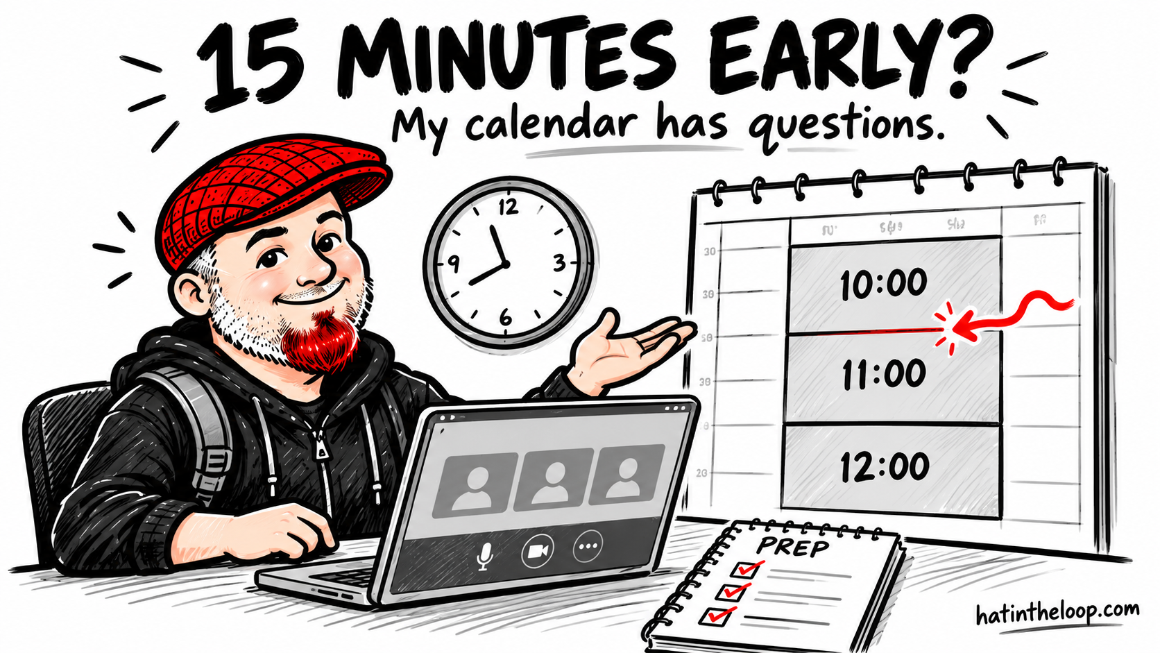 Hand-drawn Aaron in his red flat cap and black hoodie sits beside a laptop, clock, preparation checklist, and calendar of back-to-back meetings. The headline reads, '15 minutes early? My calendar has questions.'