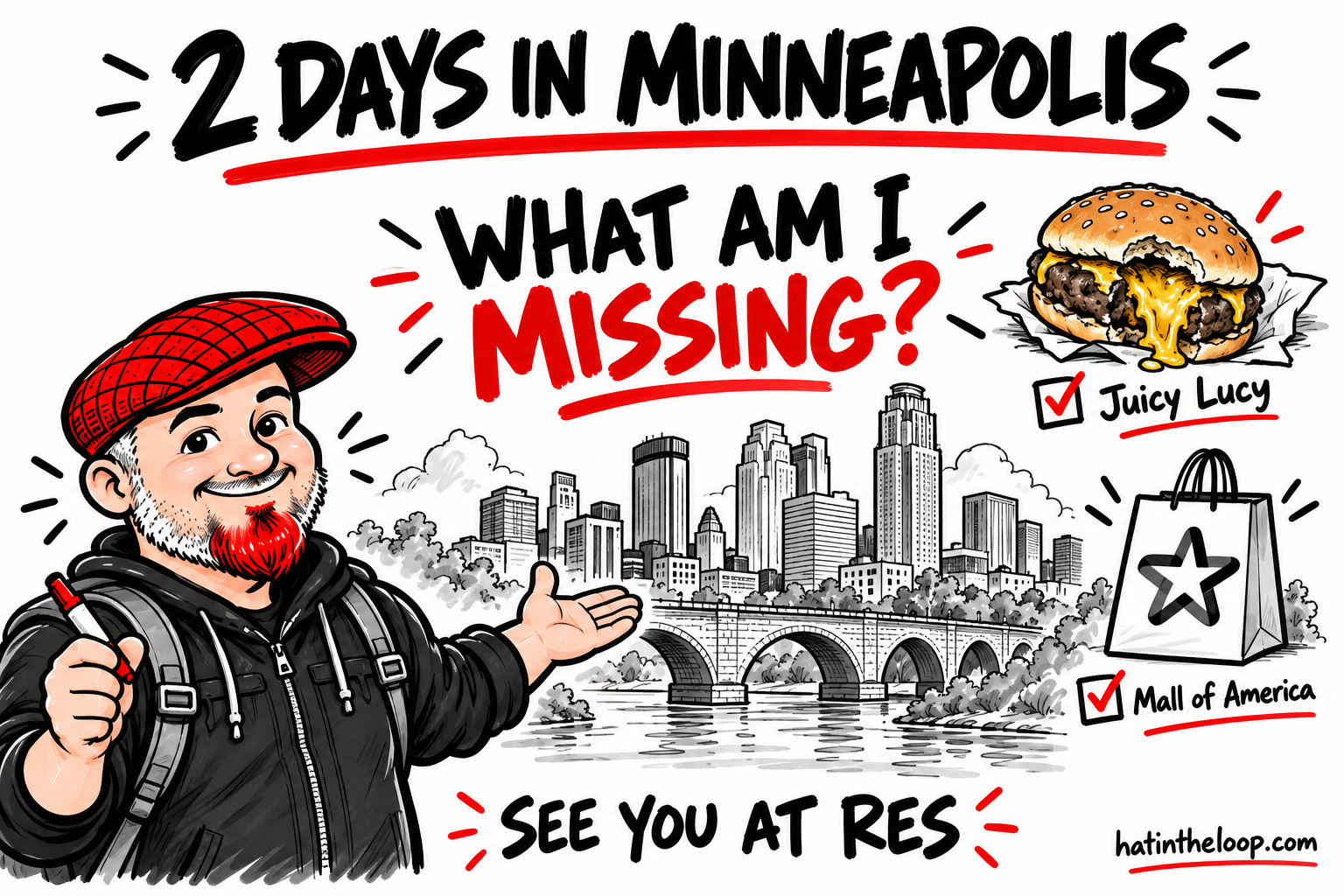 Aaron in his red flat cap and black hoodie asks what to do in Minneapolis, with sketches of the skyline, Stone Arch Bridge, a Juicy Lucy and Mall of America, plus a note saying See you at RES.