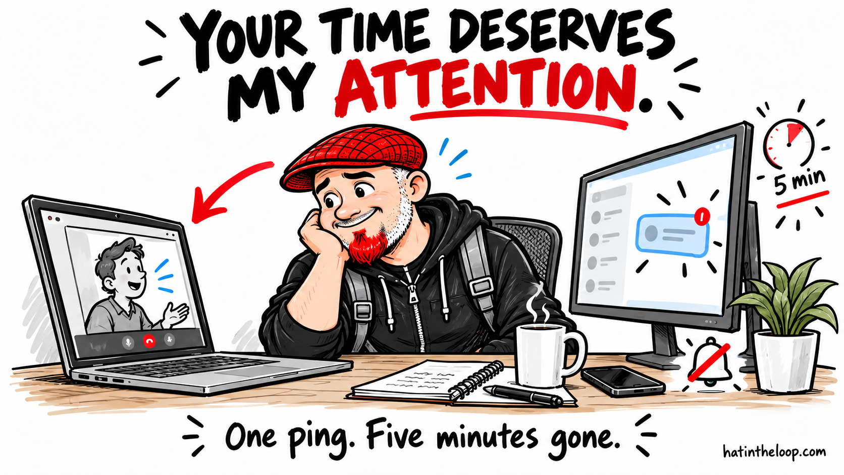 Whiteboard illustration of the Guy in the Hat refocusing on a person in a video meeting while a second screen shows a distracting message. The headline reads, 'Your time deserves my attention,' with the caption, 'One ping. Five minutes gone.'