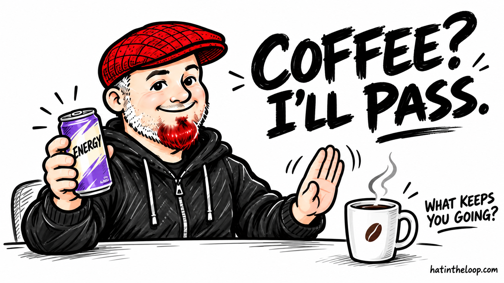 Aaron in a red flat cap and black hoodie holds a purple energy drink while waving off a coffee mug. The hand-drawn text reads "Coffee? I'll pass." and "What keeps you going?"