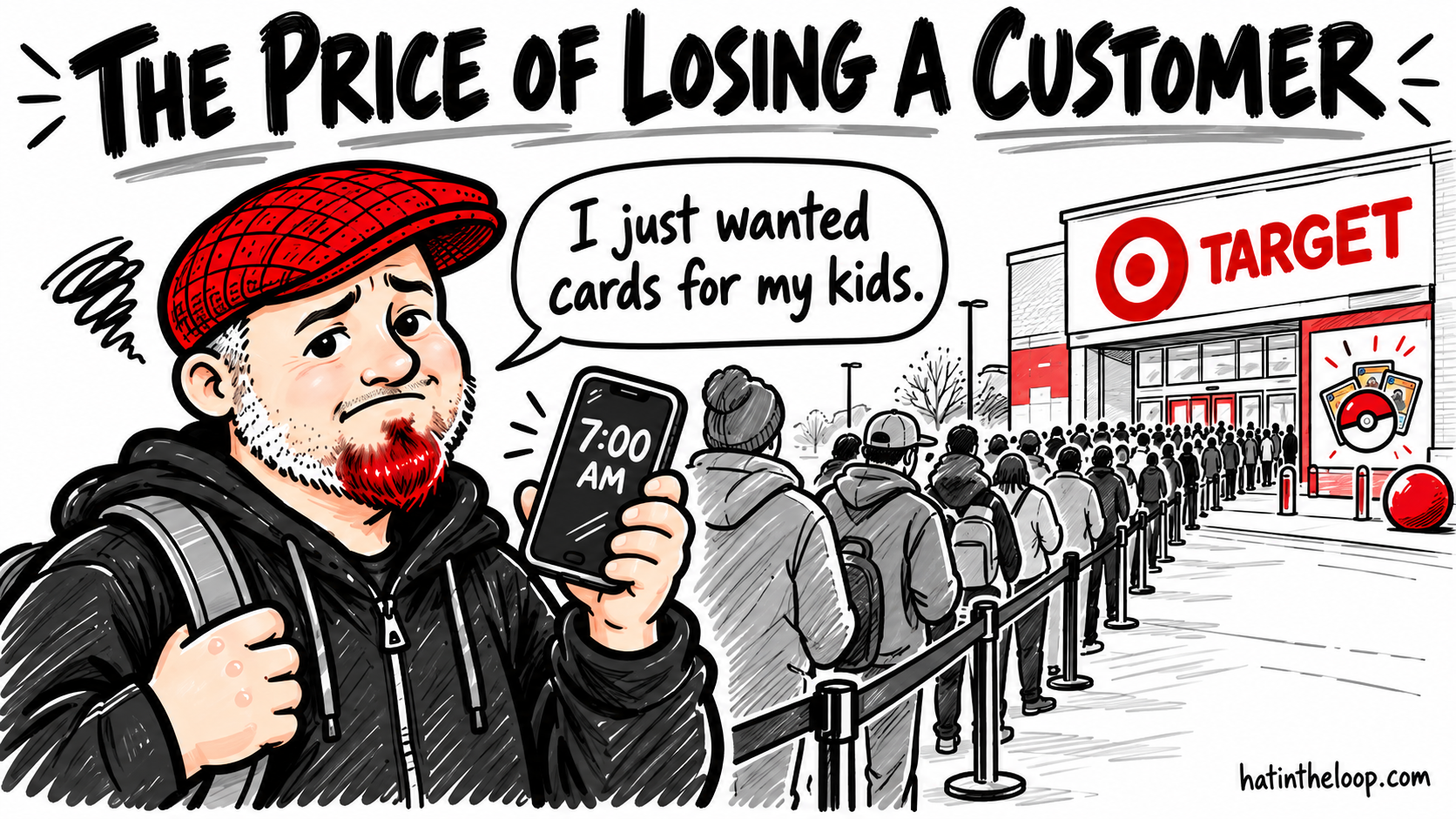 Hat in the Loop's red-cap mascot waits in a long line outside Target at 7 a.m., saying, “I just wanted cards for my kids.” The headline reads, “The Price of Losing a Customer.”