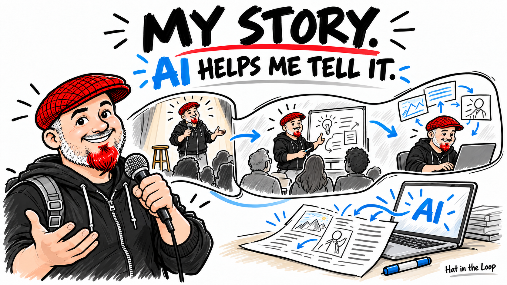 Hat in the Loop's red-cap storyteller holds a microphone beside scenes of stand-up comedy, adult education, and workflow design. An AI laptop helps turn his ideas into words and pictures beneath the headline, My story. AI helps me tell it.