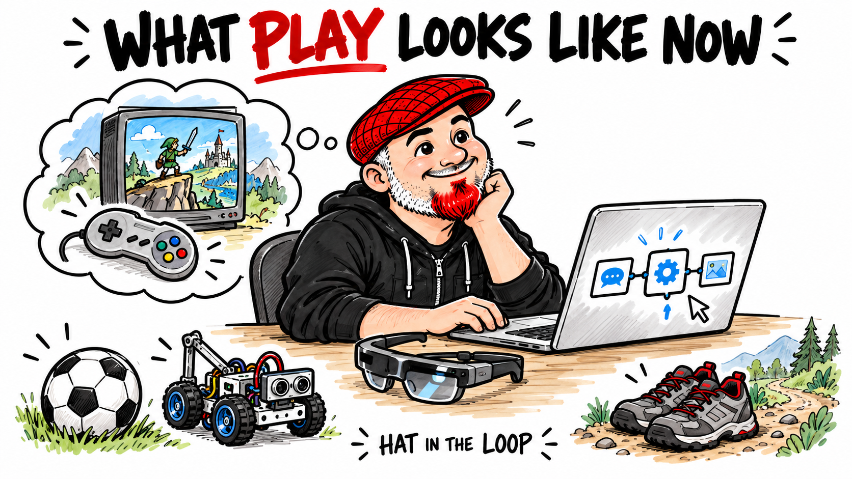 Hand-drawn Aaron in his red flat cap and black hoodie enjoys building tools at a laptop while remembering classic video games, surrounded by a soccer ball, robotics build, AR glasses and walking shoes. The heading reads What Play Looks Like Now.