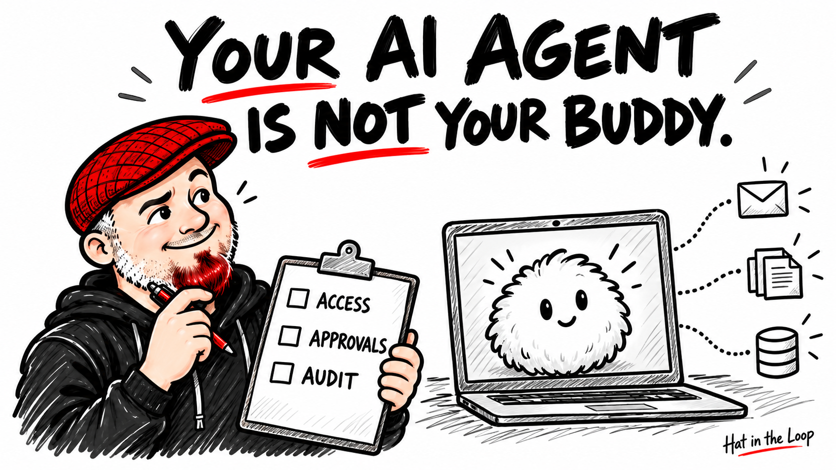 Aaron in his red flat cap reviews an Access, Approvals, and Audit checklist beside a friendly software mascot on a laptop. The headline reads: Your AI Agent Is Not Your Buddy.