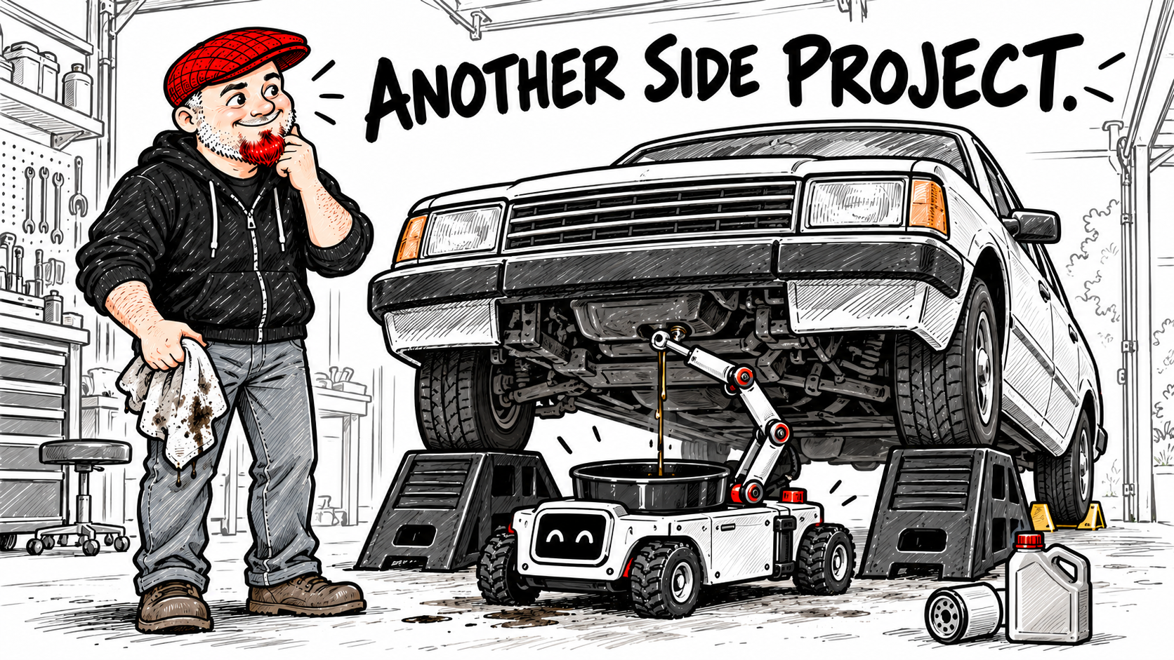 Whiteboard-style illustration of Aaron in a red flat cap considering a small oil-changing robot beneath a car on service ramps, with the caption “Another side project.”