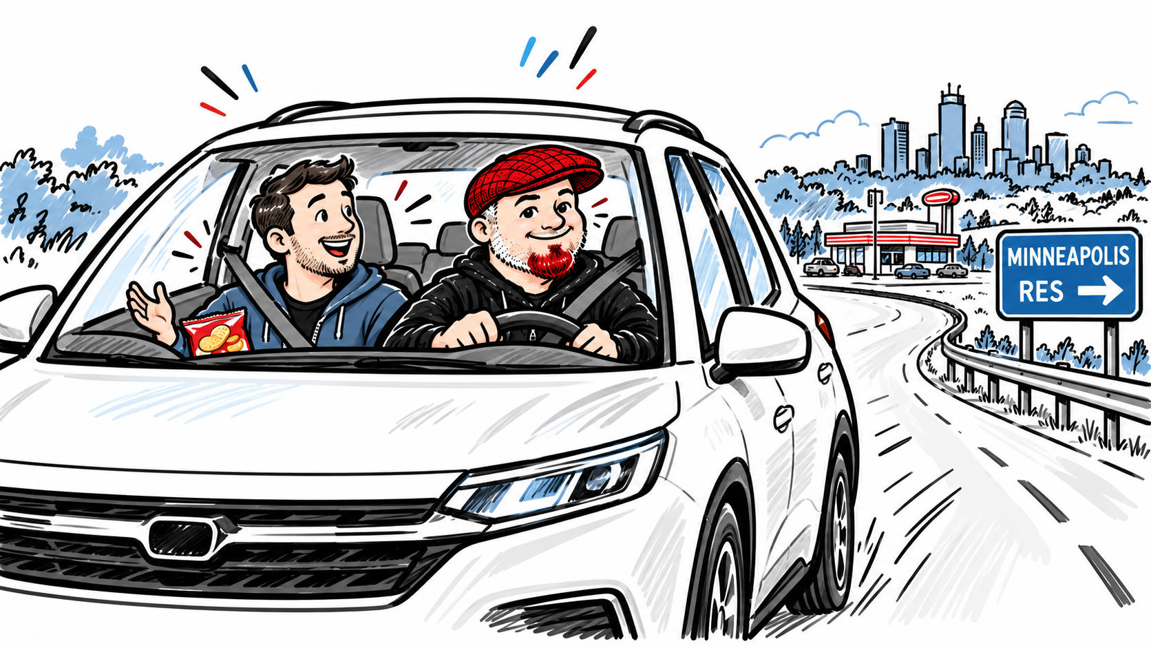 Whiteboard-style illustration of Aaron in his red flat cap driving to RES with a coworker, passing a diner and a sign for Minneapolis.