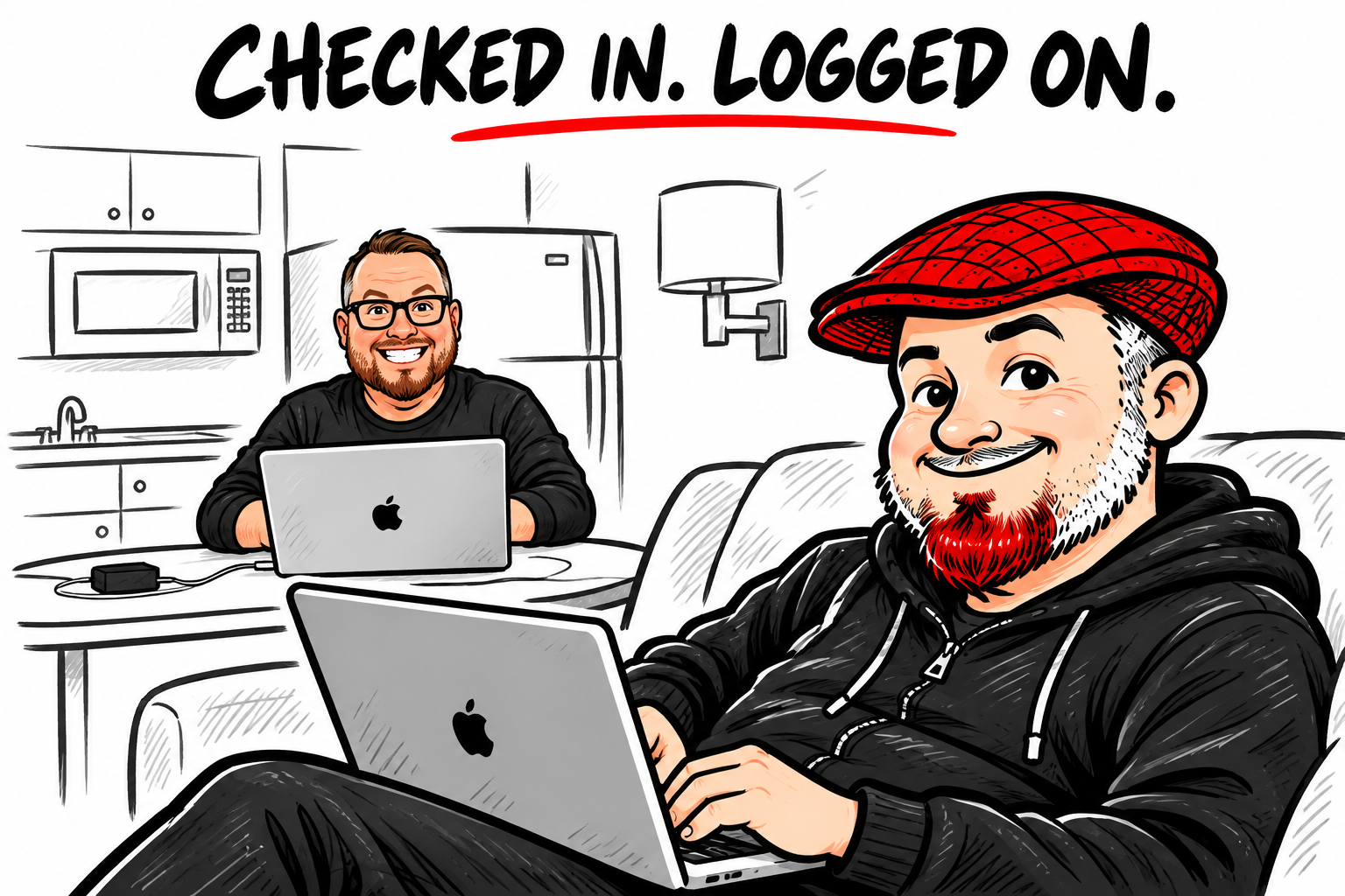 Aaron's cartoon avatar in his red flat cap, black hoodie and red goatee works on a laptop on the hotel sofa while Matt works at a table behind him. The headline reads Checked In. Logged On.