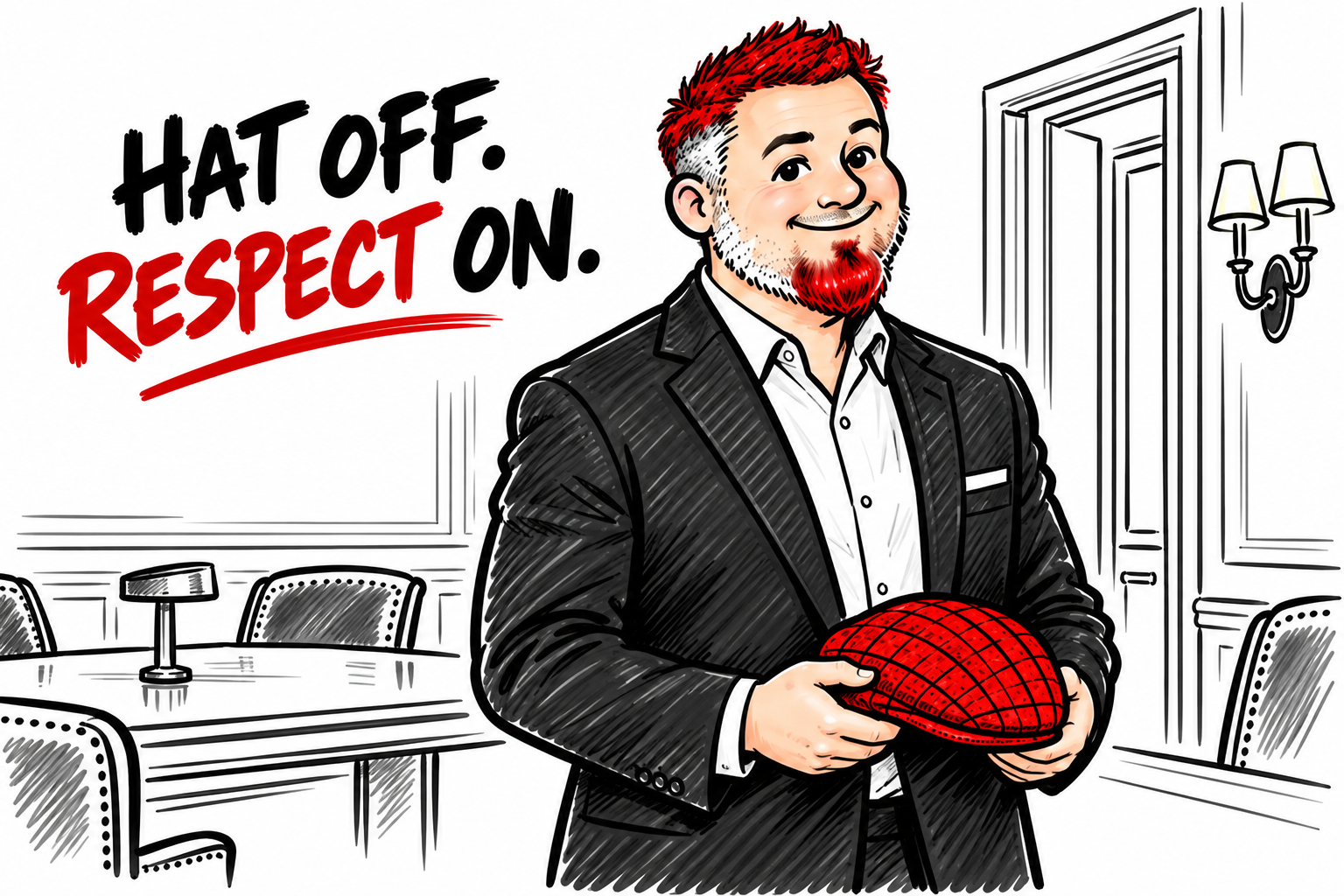 Whiteboard-style illustration of Aaron in a suit holding his red flat cap at a club, with the words Hat off. Respect on.