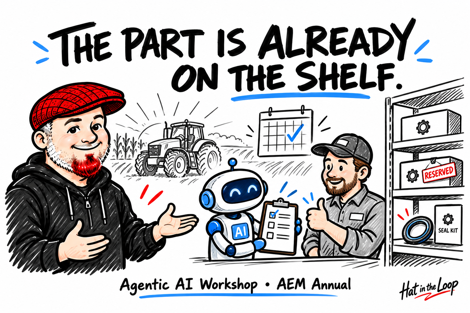 Whiteboard illustration of Aaron in his red flat cap, an AI co-worker, and a dealer approving proactive tractor service beside a shelf of reserved parts. The headline reads: The part is already on the shelf. Agentic AI Workshop, AEM Annual.