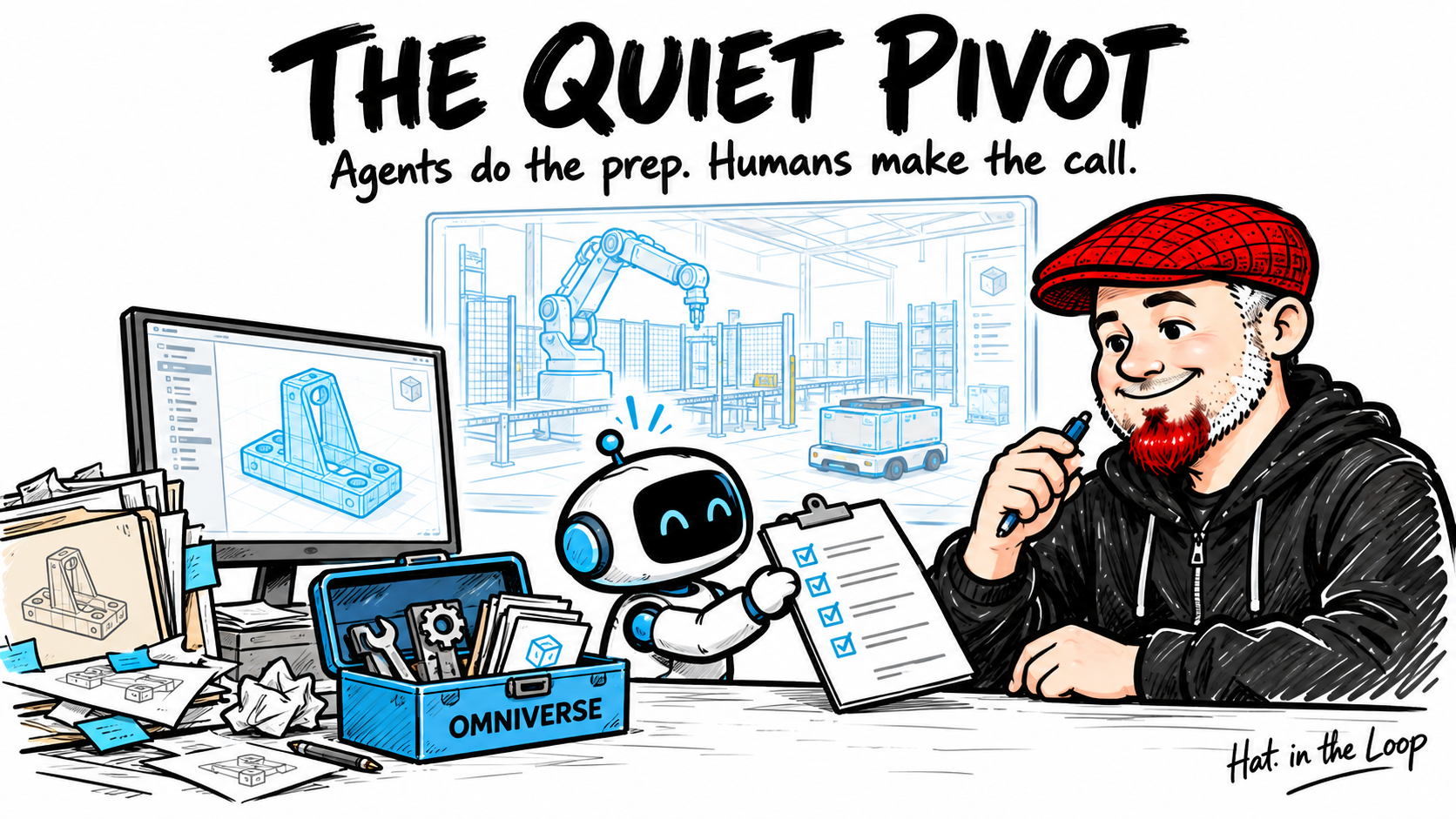 Whiteboard illustration of Aaron in his red flat cap reviewing an AI helper’s checklist beside CAD drawings, an Omniverse toolbox, and a virtual factory. Headline: The Quiet Pivot. Agents do the prep. Humans make the call.
