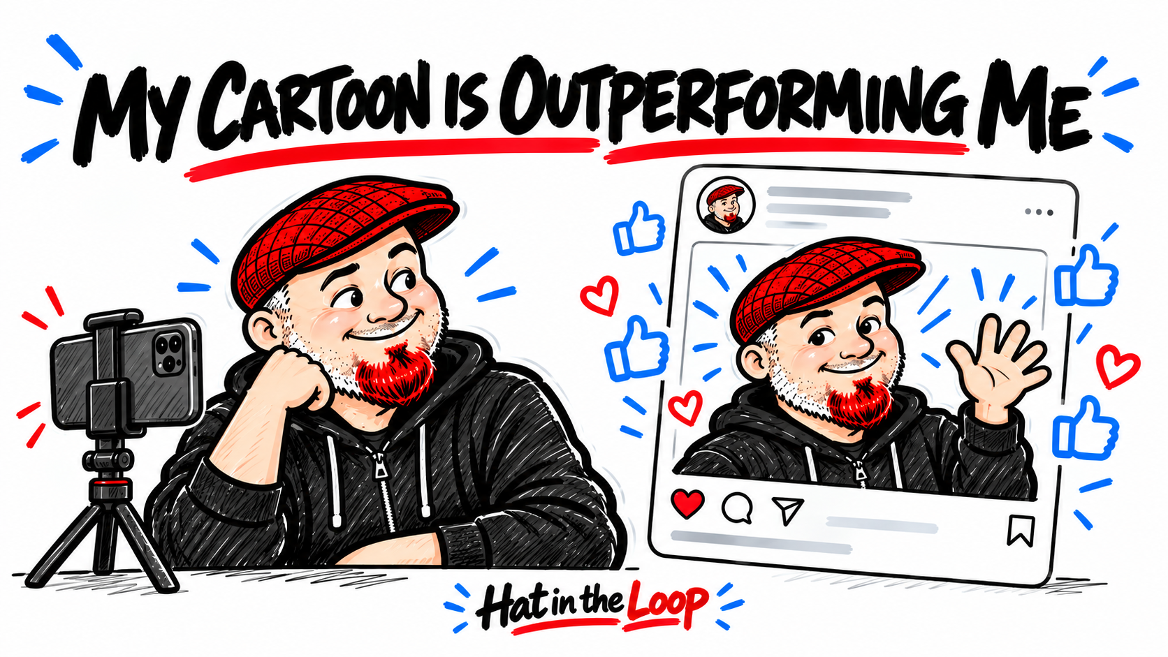 Whiteboard-style cartoon of Aaron Murray in his red flat cap beside a filming phone, looking at his cartoon counterpart receiving likes. Heading: My Cartoon Is Outperforming Me.